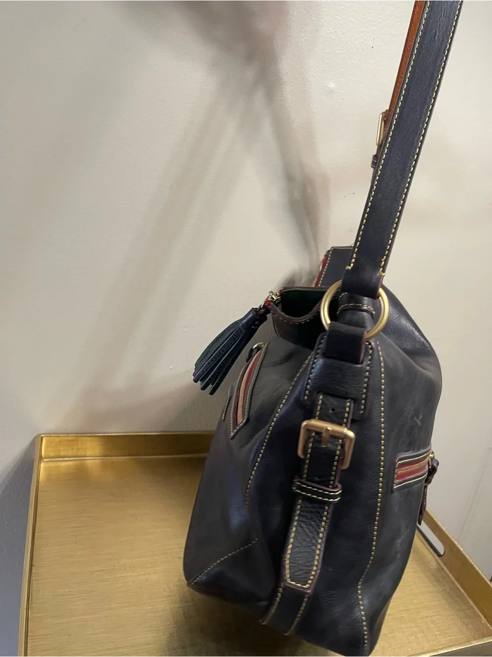 Dooney & Bourke Dark Brown Leather Hobo with Red Zip and Tan Strap